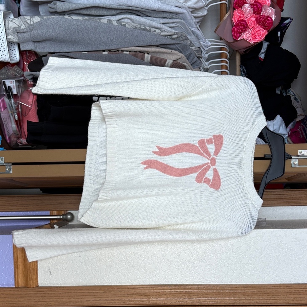 Women's White Sweater with Pink Bow
